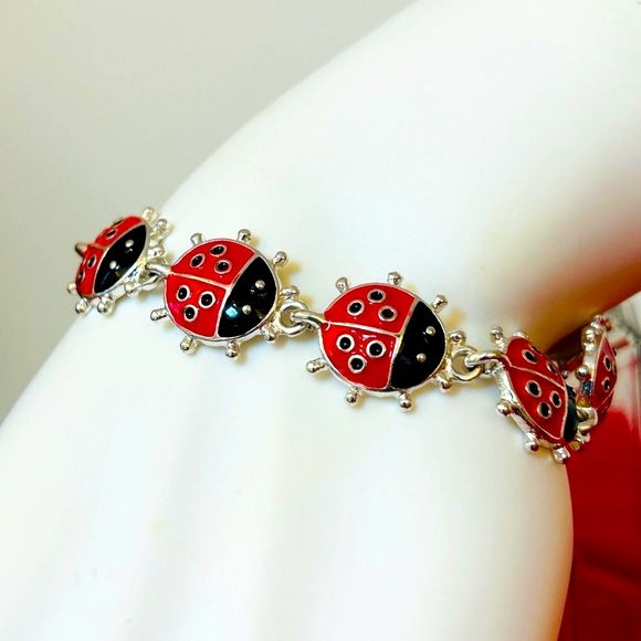 Ladybugs Red Black Enamel Silver-tone Bracelet with Magnetic Clasp - Picture 1 of 11